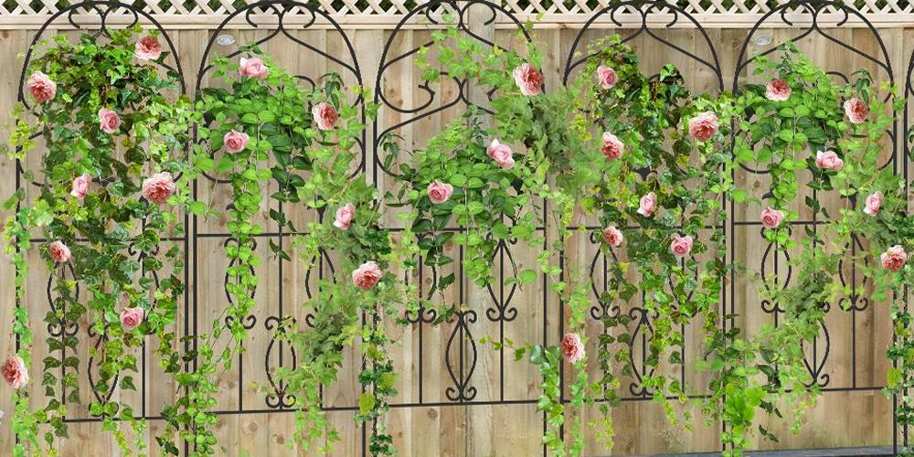 Metal garden trellis in a row for vine flowers support.