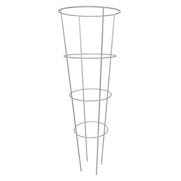 Conical plant support with four rings and four supporting legs.